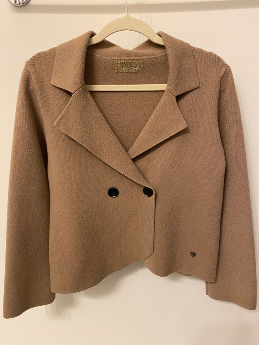 Cropped Knit Double Breasted Notch  Collar  Tan Cardigan Medium